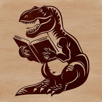 A prehistoric T Rex dinosaur character reading a book in a whimsical illustration.
