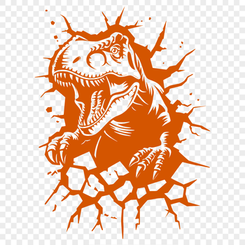 A prehistoric T Rex dinosaur smashing through a wall in a dynamic illustration.