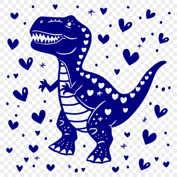 A full-body illustration of a friendly Tyrannosaurus Rex surrounded by love hearts.