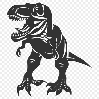 Illustrated full-body illustration of a Tyrannosaurus Rex dinosaur in prehistoric landscape.