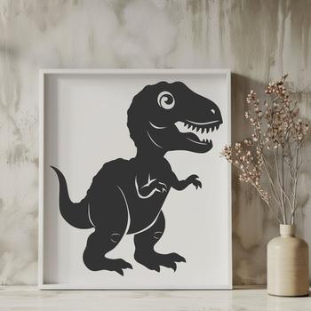 A detailed illustration of a baby Tyrannosaurus Rex dinosaur in a prehistoric setting.