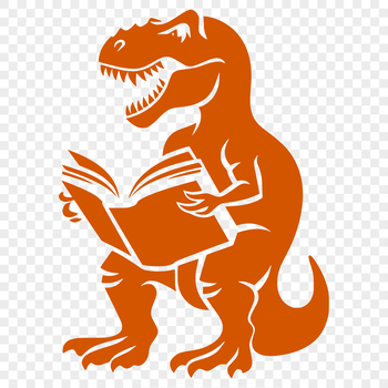 Illustration of a full-body Tyrannosaurus Rex dinosaur in a reading pose.