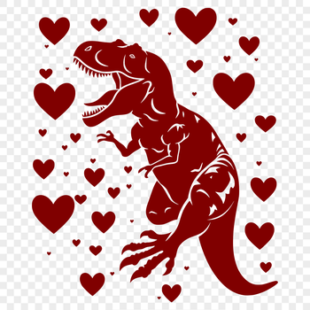A colorful illustration of a full-body Tyrannosaurus Rex with love hearts surrounding it, suitable for craft projects.