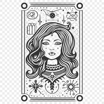 Illustration of a gothic-style witch surrounded by mystical symbols and tarot cards, suitable for vector art designs.