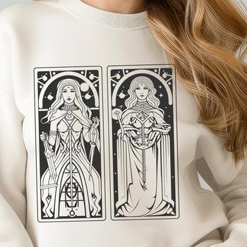 A mystical illustration featuring a tarot card-style witch surrounded by dark, gothic elements.