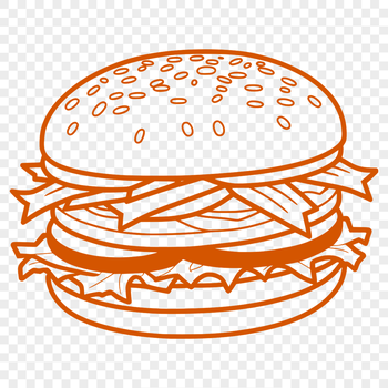 A detailed illustration of a classic cheeseburger with melted cheese and condiments on top.