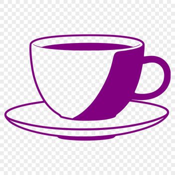 A stylized illustration of a teacup with a handle and saucer.