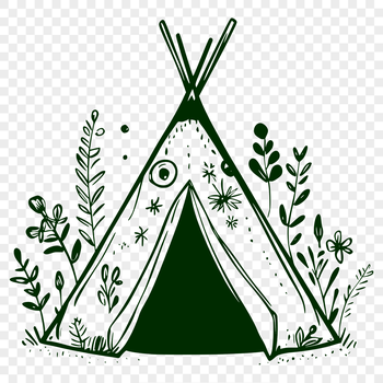 A simple illustration of a teepee-style tent with a floral pattern on the fabric.
