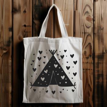 A colorful illustration of a teepee-style tent with love hearts scattered around it, perfect for outdoor camping themes.