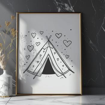 A stylized illustration of a tent with decorative love hearts on the exterior, suitable for outdoor camping or events.