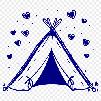 A simple illustrated tent with love hearts surrounding it, perfect for outdoor enthusiasts.