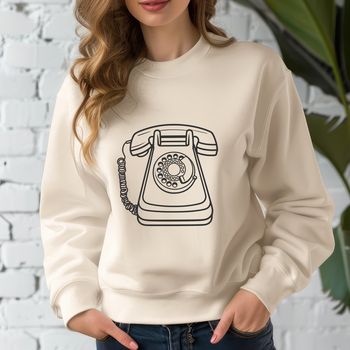 A detailed illustration of a telephone device with a cord and receiver.