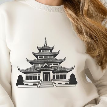 A minimalist illustration of a traditional Buddhist temple with intricate details.