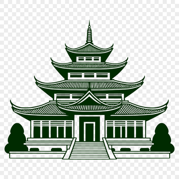 A stylized illustration of a traditional Buddhist temple with ornate architecture.