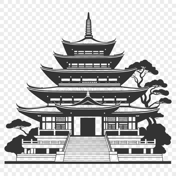 A detailed illustration of a traditional Buddhist temple architecture with intricately designed roofs and ornate facades.
