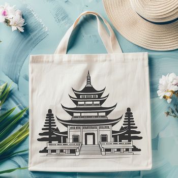 An ornate Buddhist temple design featuring curved roofs and ornamental accents.
