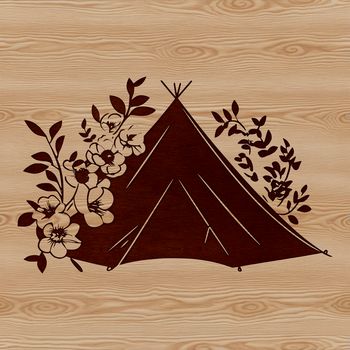 A simple line drawing of a tent with a floral pattern on the fabric.