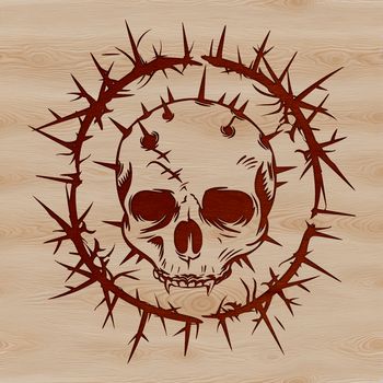 A detailed illustration of a skull surrounded by sharp thorns, suitable as a vector design for horror-themed decorations.
