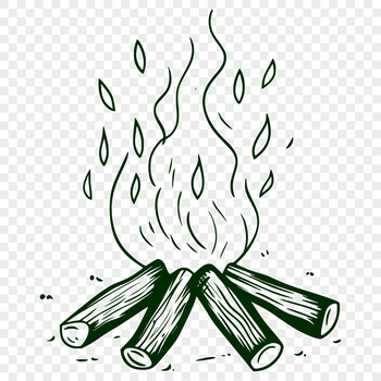 A flame burning brightly in the center of a campfire surrounded by outdoor elements.