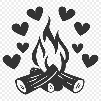 A heart-filled campfire illustration featuring flames and a warm outdoor ambiance.