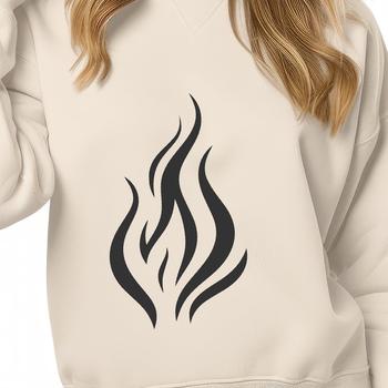 A stylized graphic illustration of flames in bold, geometric shapes.