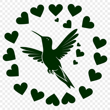 A colorful hummingbird in full body pose, flying through the air with love hearts surrounding its body.