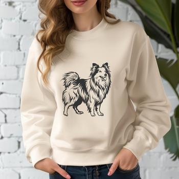 Illustration of a standing Shetland sheepdog in profile view.