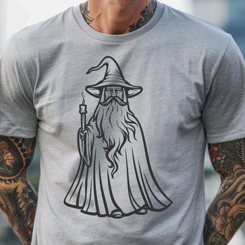 A full-body illustration of a wizard in a fantasy setting, suitable for vector design and printing.
