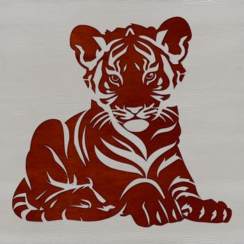 A colorful illustration of a tiger cub lying down on its side, showcasing the animal's distinctive orange and black stripes.