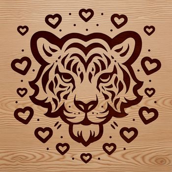 SVG illustration of a tiger's head with heart symbols surrounding it.