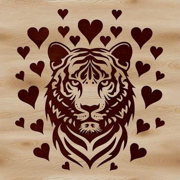 A close-up vector illustration of a tiger's head with love hearts surrounding its face.