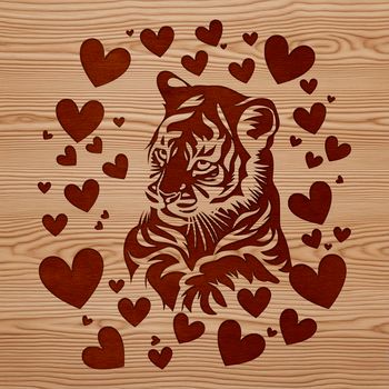 A stylized illustration of a tiger cub surrounded by love hearts, designed as vector art for digital applications.