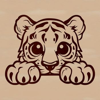 A vector graphic of a big cat's face, with the tiger peeking out from behind foliage.