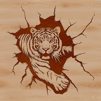 A large feline animal with orange and black stripes is shown smashing through a wall in this vector design.