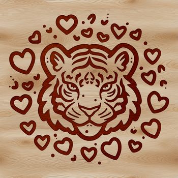 A stylized illustration of a tiger's head featuring love hearts.