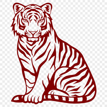 Large tiger sitting on its haunches, shown in full-body view.