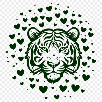 A colorful illustration of a tiger's head with love hearts surrounding it.