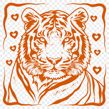A tiger's head with love hearts surrounding its features.
