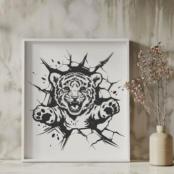 A bold illustration of a tiger bursting through a brick wall.
