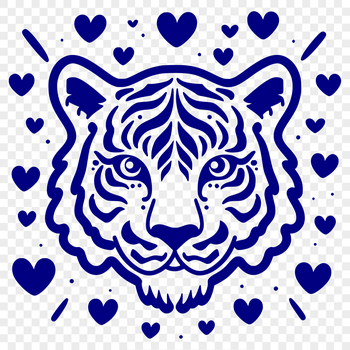 SVG illustration of a tiger's head with love hearts surrounding its face.
