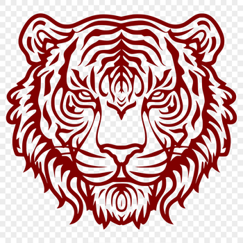 A detailed illustration of a tiger's head with ornate design elements.