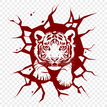 Illustration of a big cat's head peeking through a torn wall.