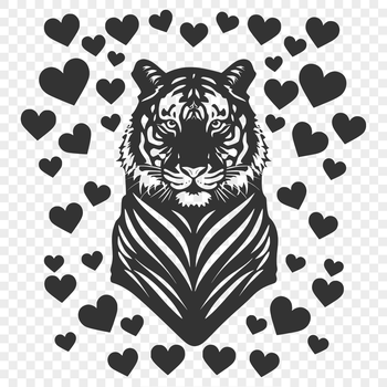 Large tiger illustration with love hearts in bold lines, suitable for vector design.