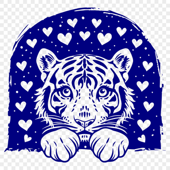 A large tiger's head peeking out from behind a heart pattern.