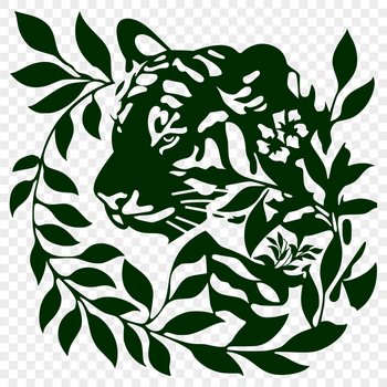 A close-up illustration of a big cat's head with distinctive stripes and sharp features.