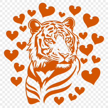A large tiger's head with heart outlines surrounding its features.