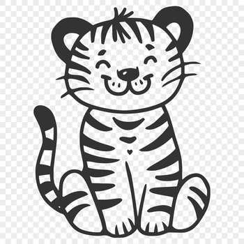 A simple line drawing of a tiger sitting on its haunches, depicted in a vector format.