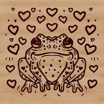 A colorful illustration of a wild toad with love hearts surrounding its body.