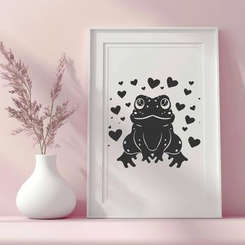 A colorful illustration of a toad's full body, surrounded by heart shapes.