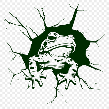 A digital illustration of a cartoon toad peeking out from behind a cracked brick wall.